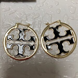 Tory Burch Gold and Black Logo Earrings